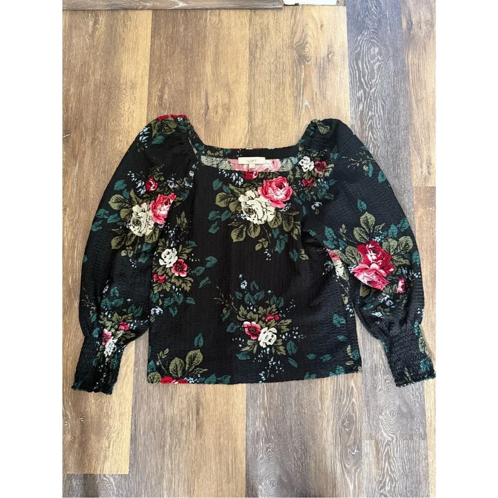 LOFT Floral Puff Sleeve Crop Blouse Black Cottagecore Top Size Large